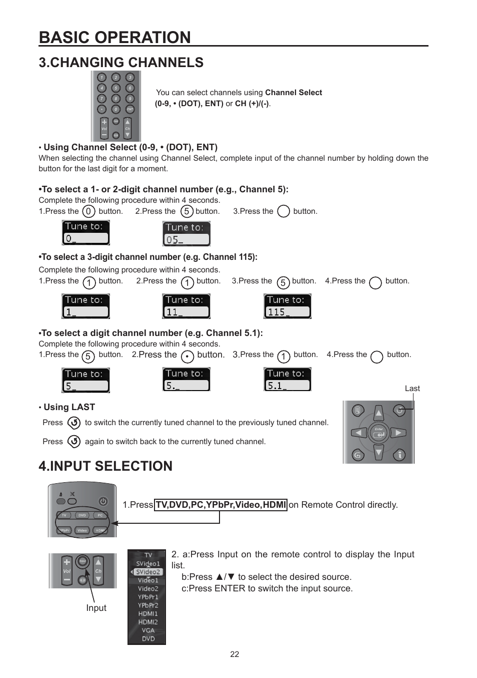 Basic operation, Changing channels, Input selection | Westinghouse SK-26H590D User Manual | Page 23 / 66