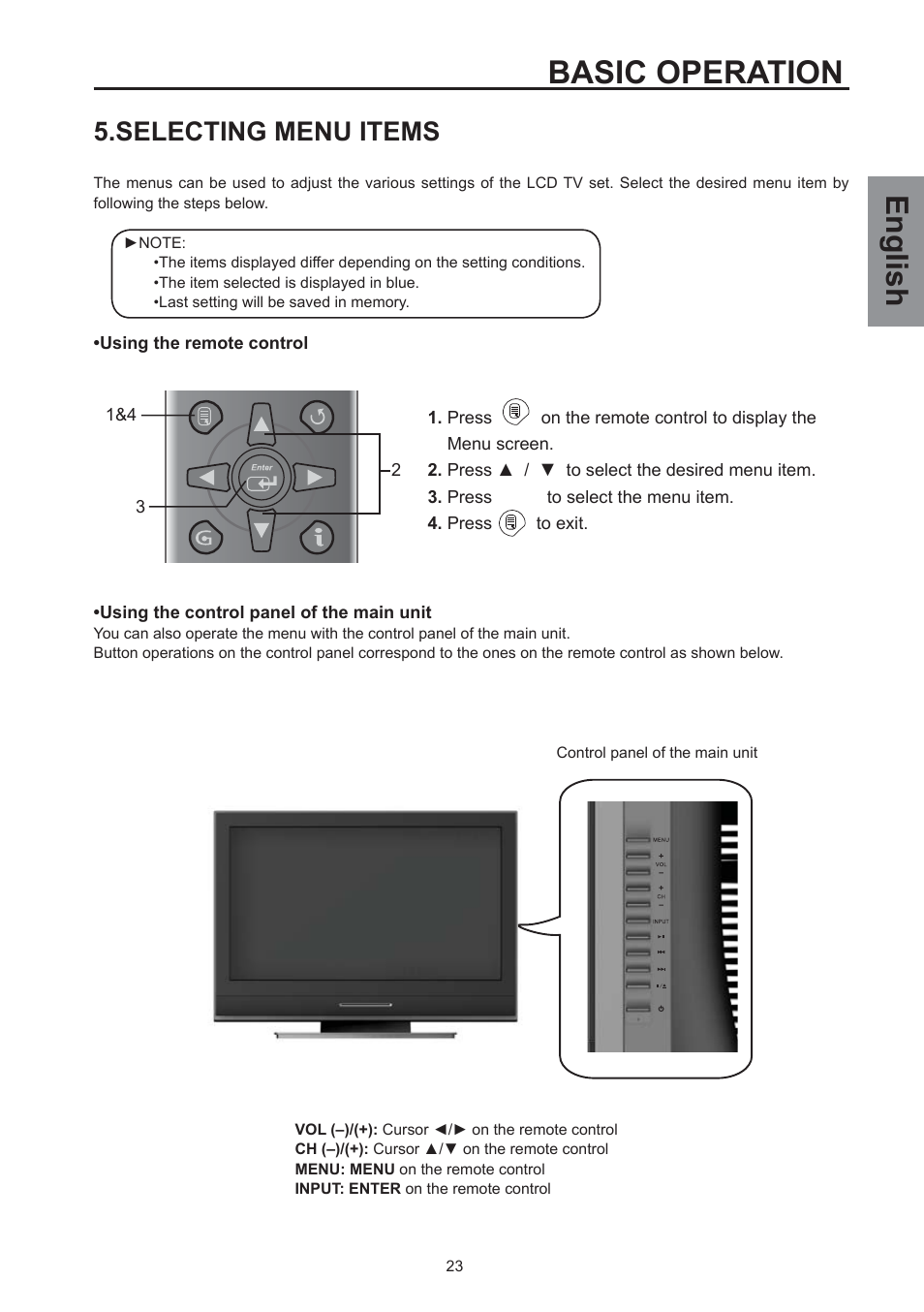 Basic operation, English, Selecting menu items | Westinghouse SK-26H590D User Manual | Page 24 / 66