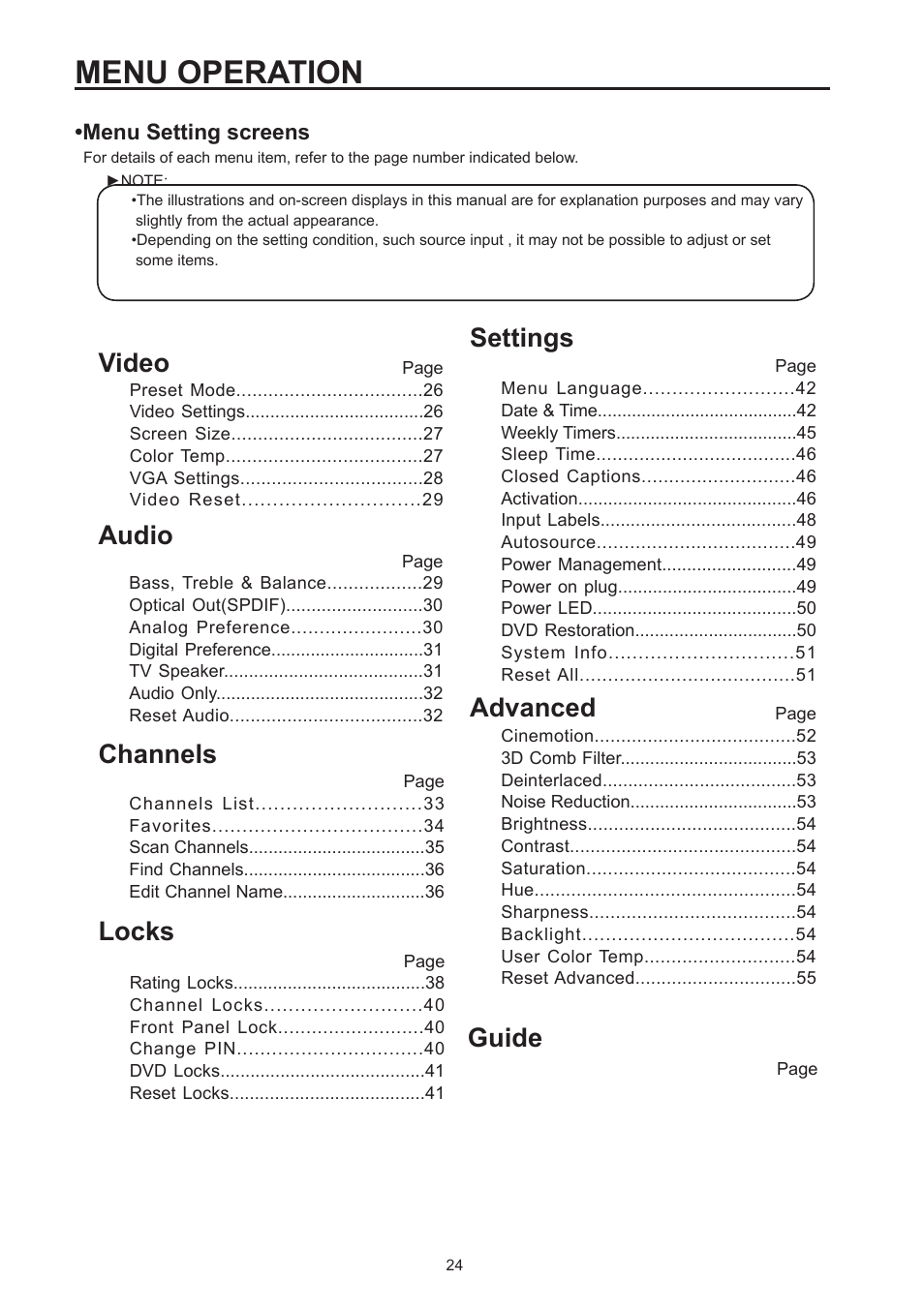 Menu operation, Video, Audio channels settings locks guide | Advanced | Westinghouse SK-26H590D User Manual | Page 25 / 66