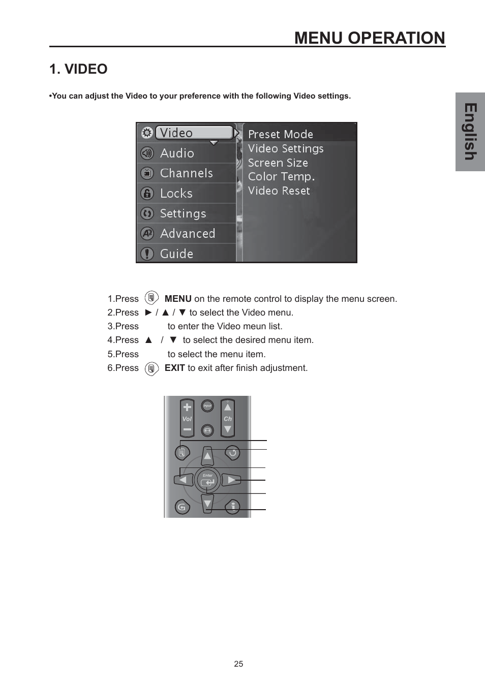 Menu operation, English, Video | Westinghouse SK-26H590D User Manual | Page 26 / 66