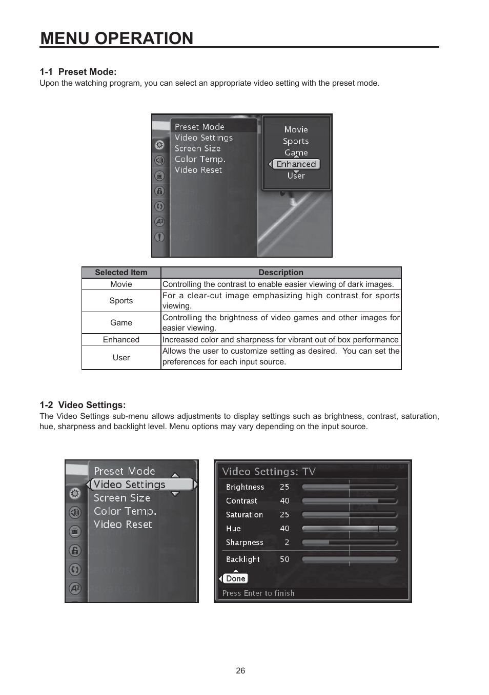 Menu operation | Westinghouse SK-26H590D User Manual | Page 27 / 66
