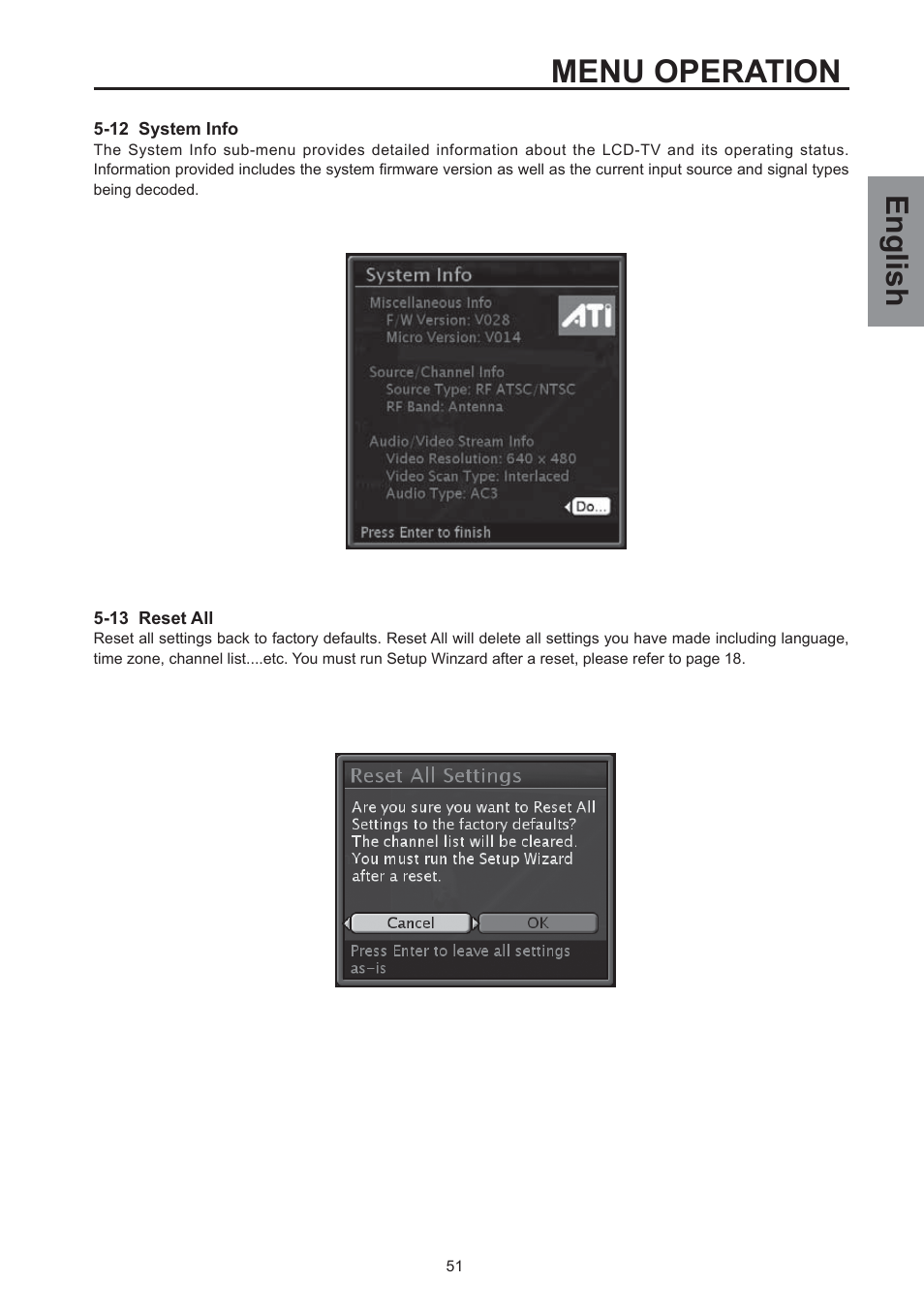 Menu operation, English | Westinghouse SK-26H590D User Manual | Page 52 / 66