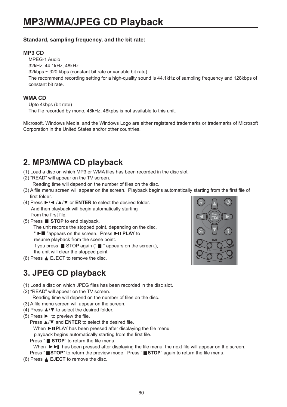 Mp3/wma/jpeg cd playback, Mp3/mwa cd playback, Jpeg cd playback | Westinghouse SK-26H590D User Manual | Page 61 / 66