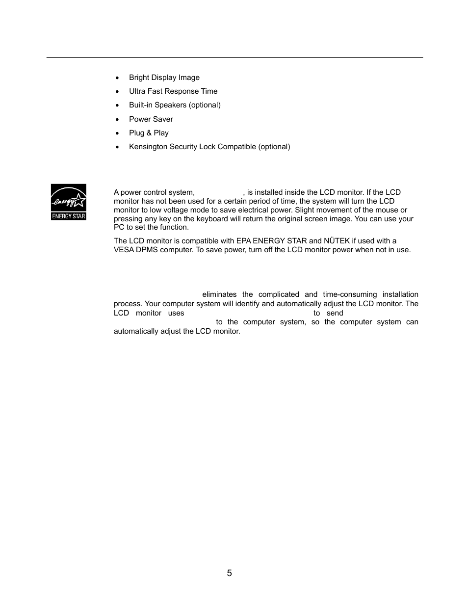 Features, Power saver, Plug & play | Westinghouse L1916HW User Manual | Page 7 / 14