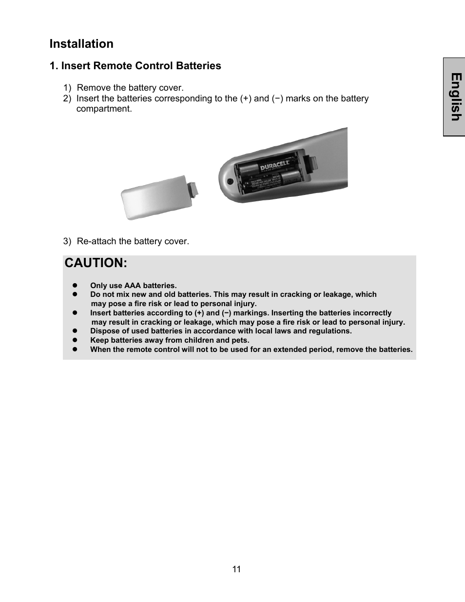 English, Caution, Installation | Insert remote control batteries | Westinghouse LVM-47w1 User Manual | Page 13 / 69