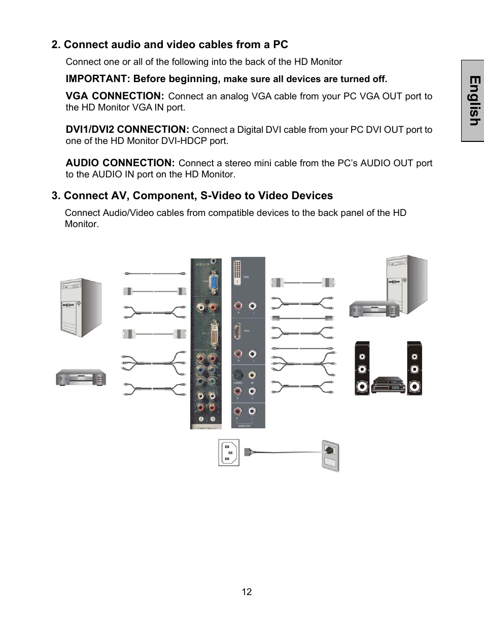 English, Connect audio and video cables from a pc, Connect av, component, s-video to video devices | Westinghouse LVM-47w1 User Manual | Page 14 / 69