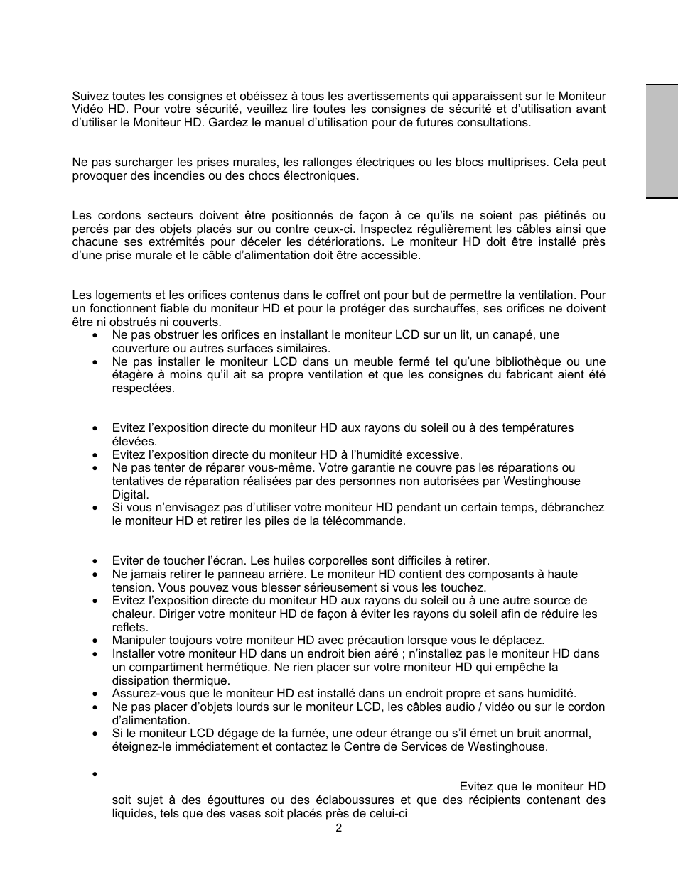 Français, Consignes de sécurité importantes | Westinghouse LVM-47w1 User Manual | Page 26 / 69