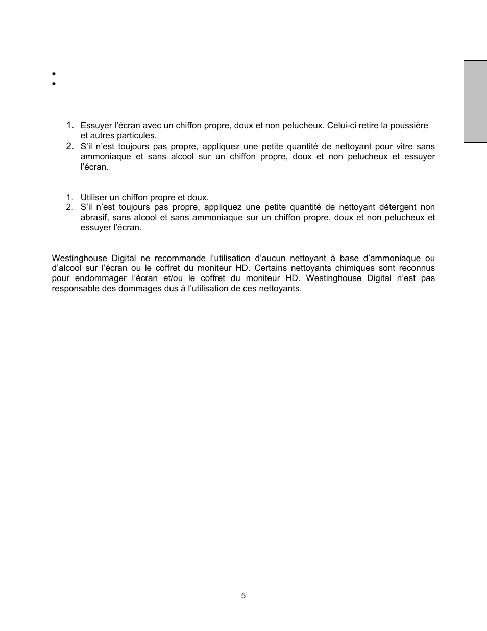 Français, Nettoyage du moniteur vidéo hd | Westinghouse LVM-47w1 User Manual | Page 29 / 69