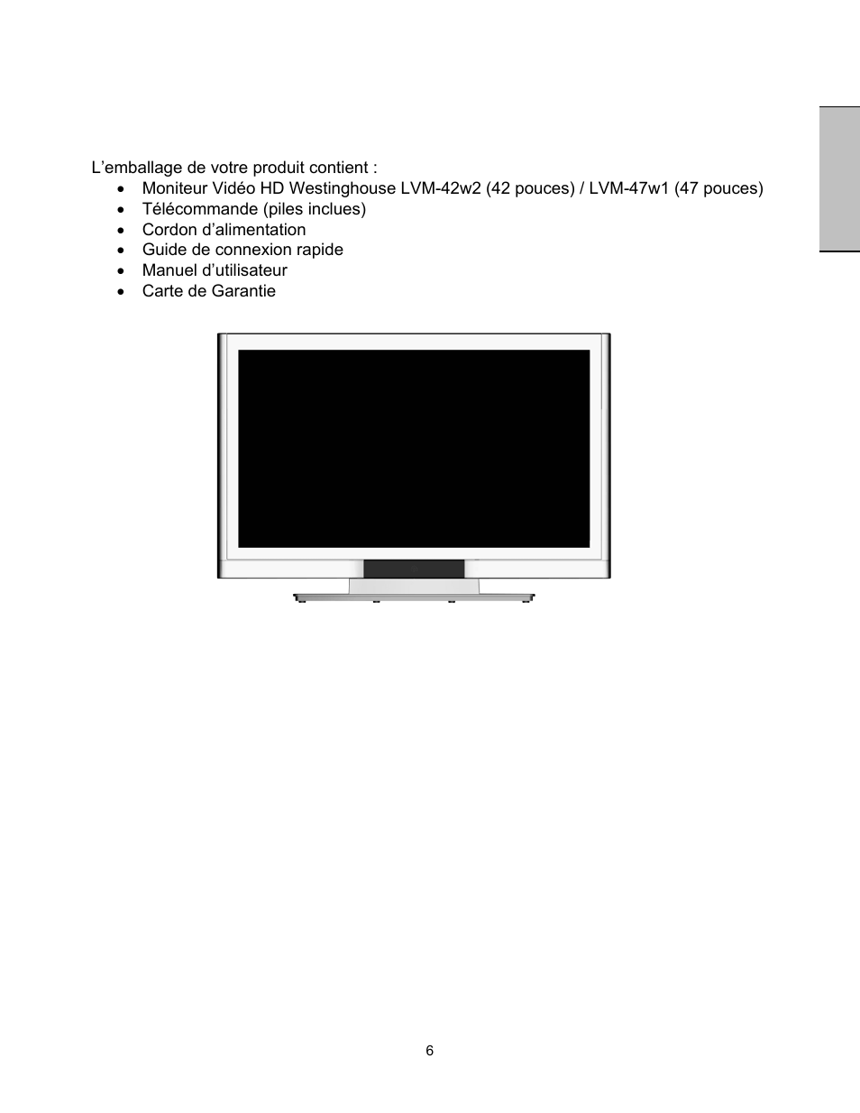 Installation, Français, Contenu de l’emballage | Westinghouse LVM-47w1 User Manual | Page 30 / 69
