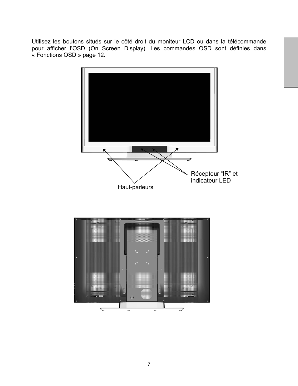 Français, Façade du moniteur vidéo hd, Vue arrière du moniteur vidéo hd | Westinghouse LVM-47w1 User Manual | Page 31 / 69