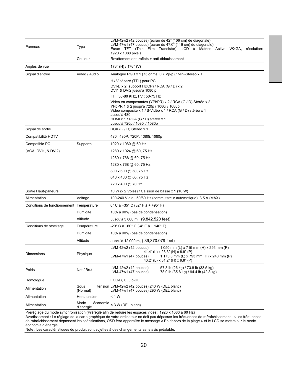 Caractéristiques, Français | Westinghouse LVM-47w1 User Manual | Page 44 / 69
