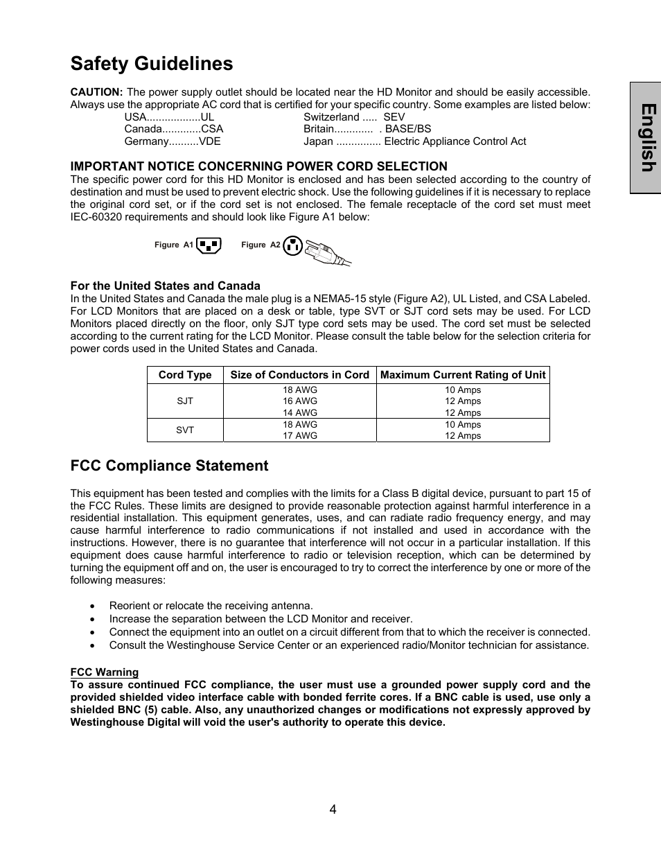 English safety guidelines, Fcc compliance statement | Westinghouse LVM-47w1 User Manual | Page 6 / 69