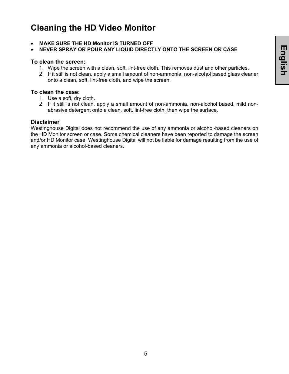 English cleaning the hd video monitor | Westinghouse LVM-47w1 User Manual | Page 7 / 69