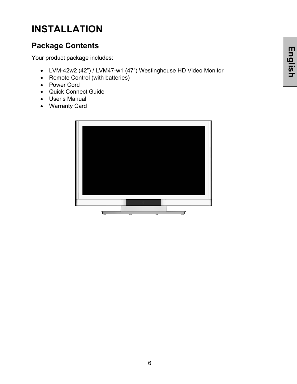 Installation, English, Package contents | Westinghouse LVM-47w1 User Manual | Page 8 / 69