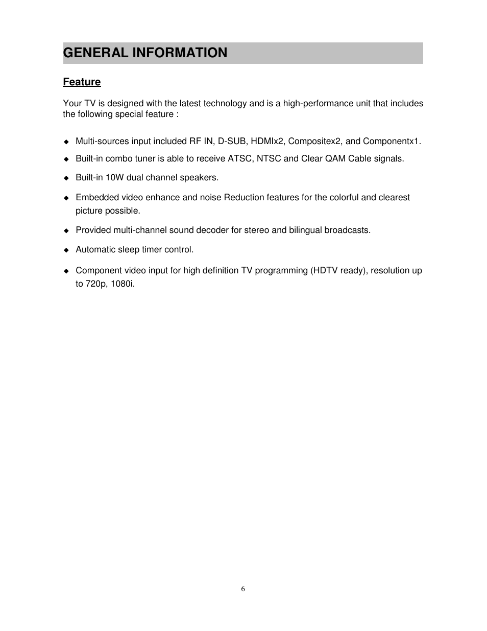 General information, Feature | Westinghouse PT-16H610S User Manual | Page 10 / 37
