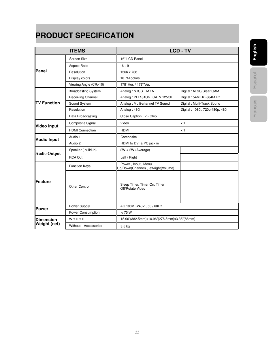 Product specification, Items lcd - tv | Westinghouse PT-16H610S User Manual | Page 37 / 37