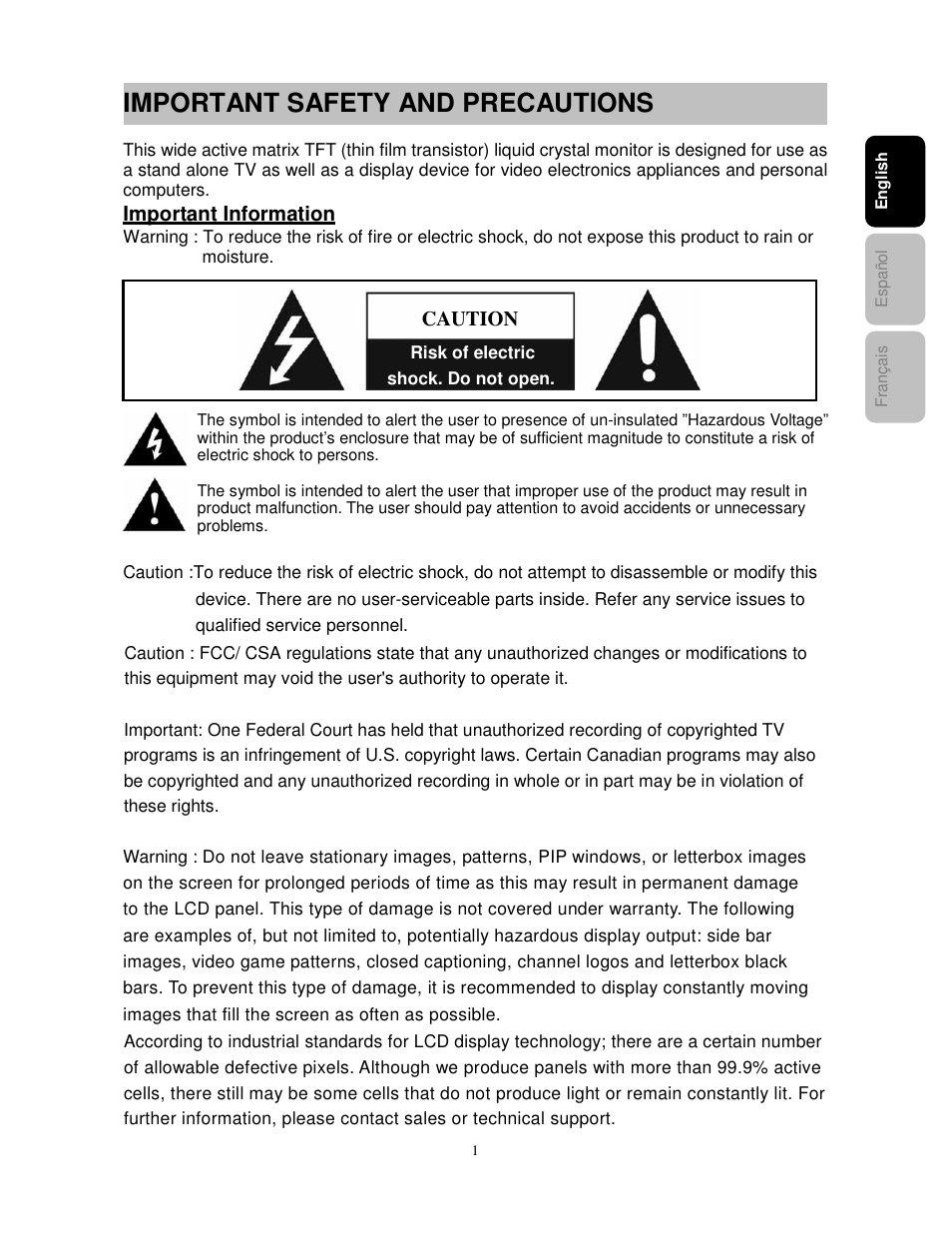 Important safety and precautions | Westinghouse PT-16H610S User Manual | Page 5 / 37