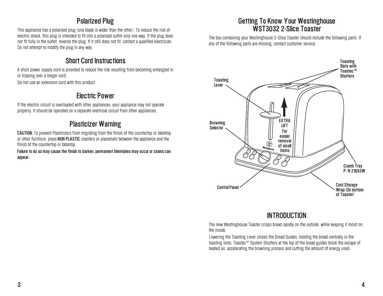 Polarized plug, Short cord instructions, Electric power | Plasticizer warning, Introduction | Westinghouse WST3032 User Manual | Page 4 / 12