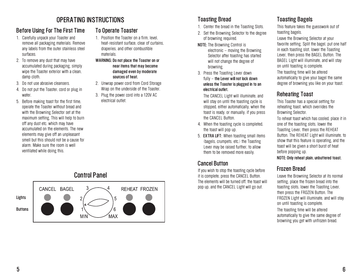 Control panel operating instructions | Westinghouse WST3032 User Manual | Page 7 / 12