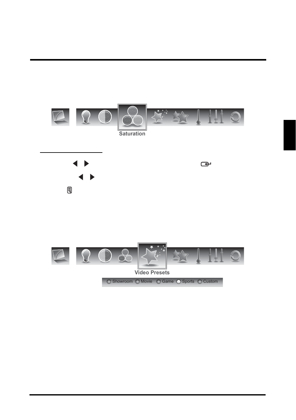 English, Saturation, Video presets | Westinghouse LD-4655VX User Manual | Page 34 / 64