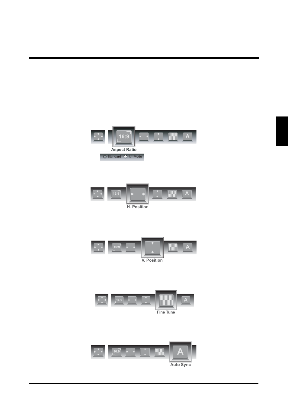 English, Aspect ratio, H. position | V. position, Fine tune, Auto sync | Westinghouse LD-4655VX User Manual | Page 42 / 64