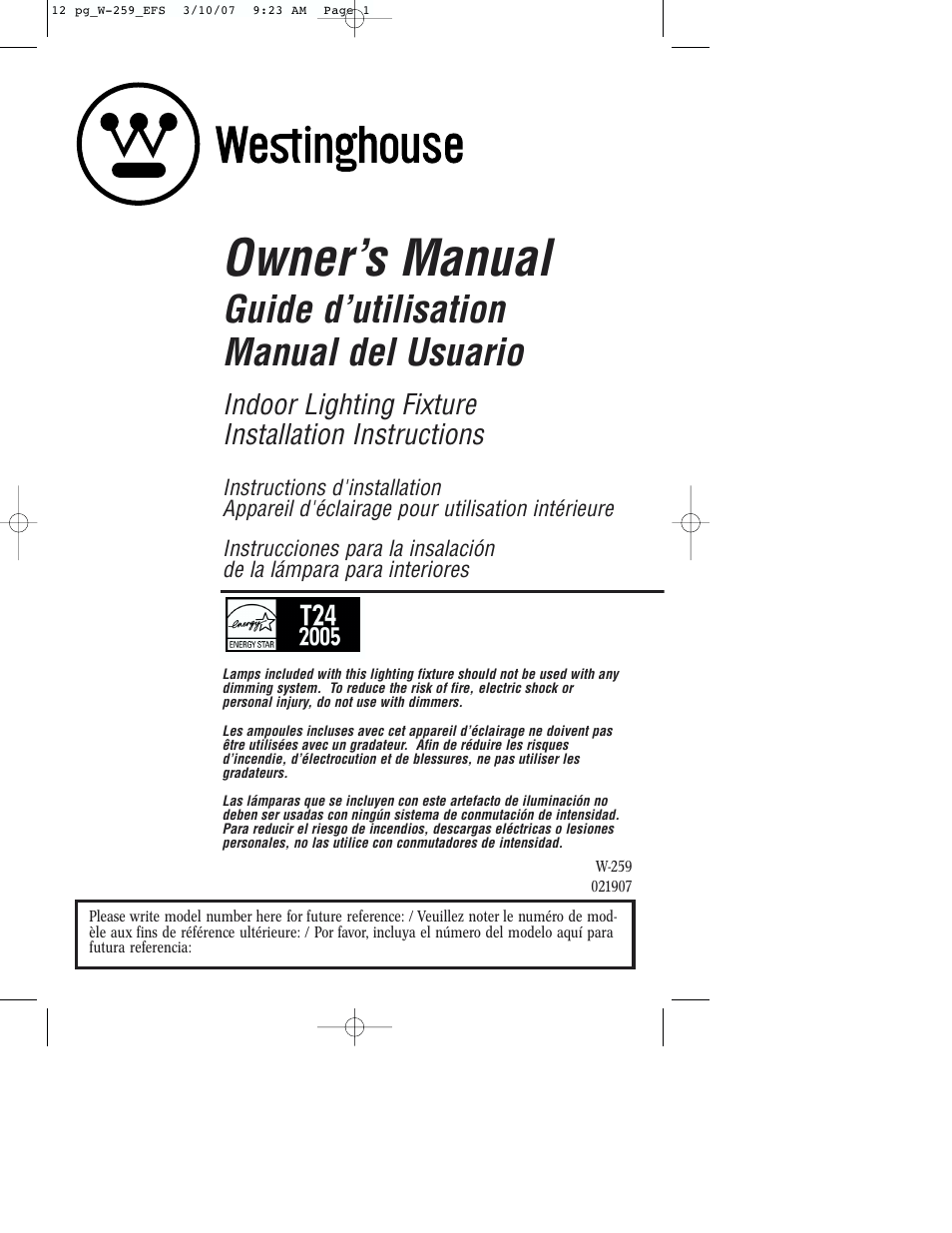 Westinghouse W-259 User Manual | 12 pages