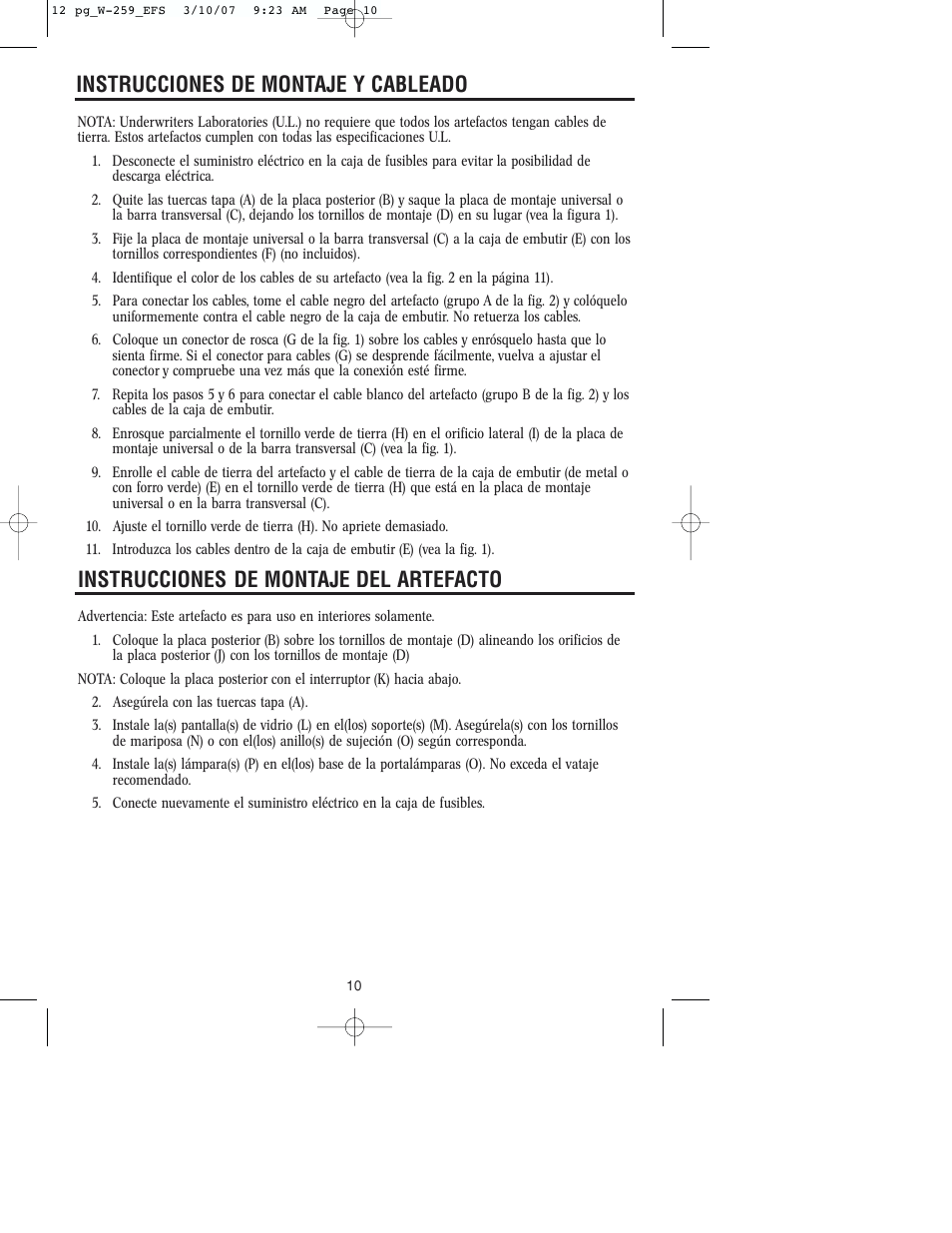 Instrucciones de montaje y cableado, Instrucciones de montaje del artefacto | Westinghouse W-259 User Manual | Page 10 / 12