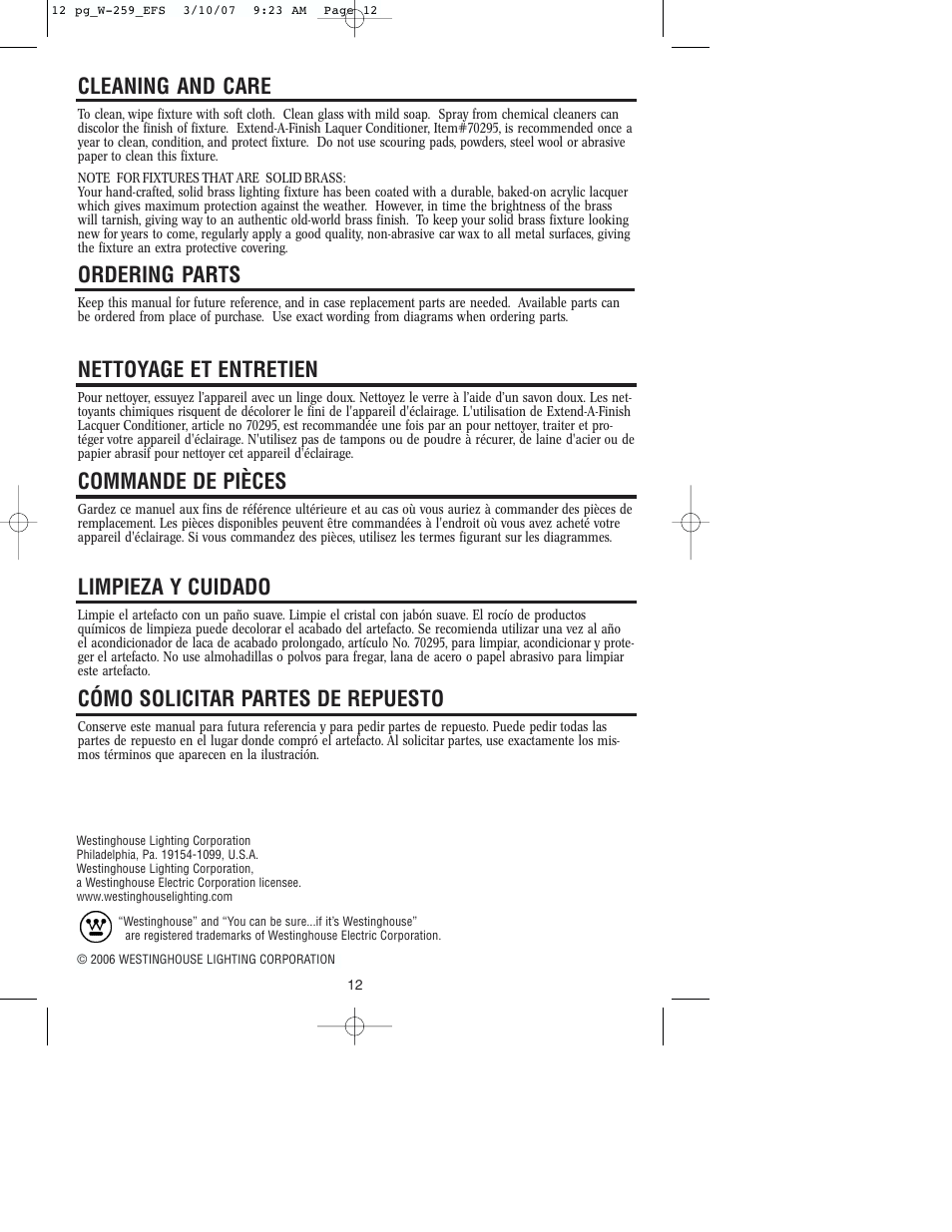 Cleaning and care, Ordering parts, Nettoyage et entretien | Commande de pièces, Limpieza y cuidado, Cómo solicitar partes de repuesto | Westinghouse W-259 User Manual | Page 12 / 12