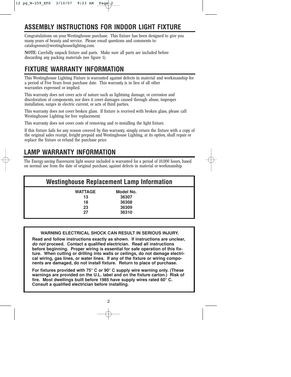 Assembly instructions for indoor light fixture, Fixture warranty information, Lamp warranty information | Westinghouse replacement lamp information | Westinghouse W-259 User Manual | Page 2 / 12