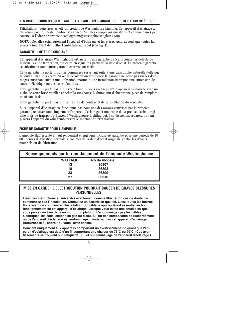 Westinghouse W-259 User Manual | Page 5 / 12