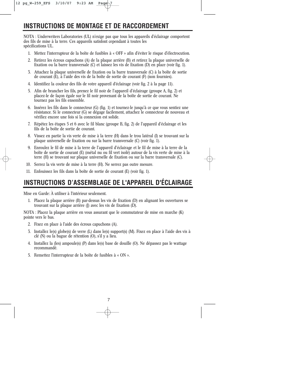 Instructions de montage et de raccordement | Westinghouse W-259 User Manual | Page 7 / 12