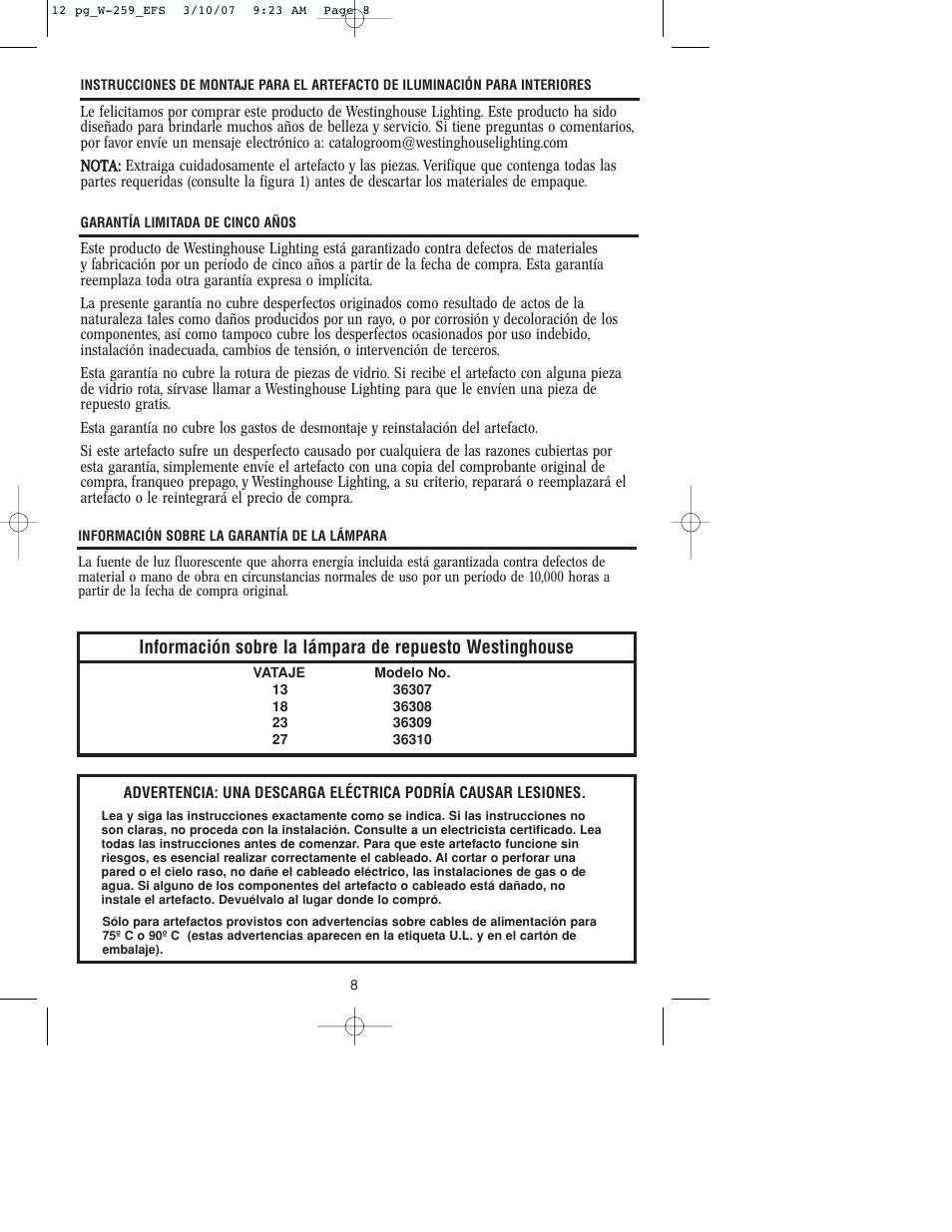 Westinghouse W-259 User Manual | Page 8 / 12