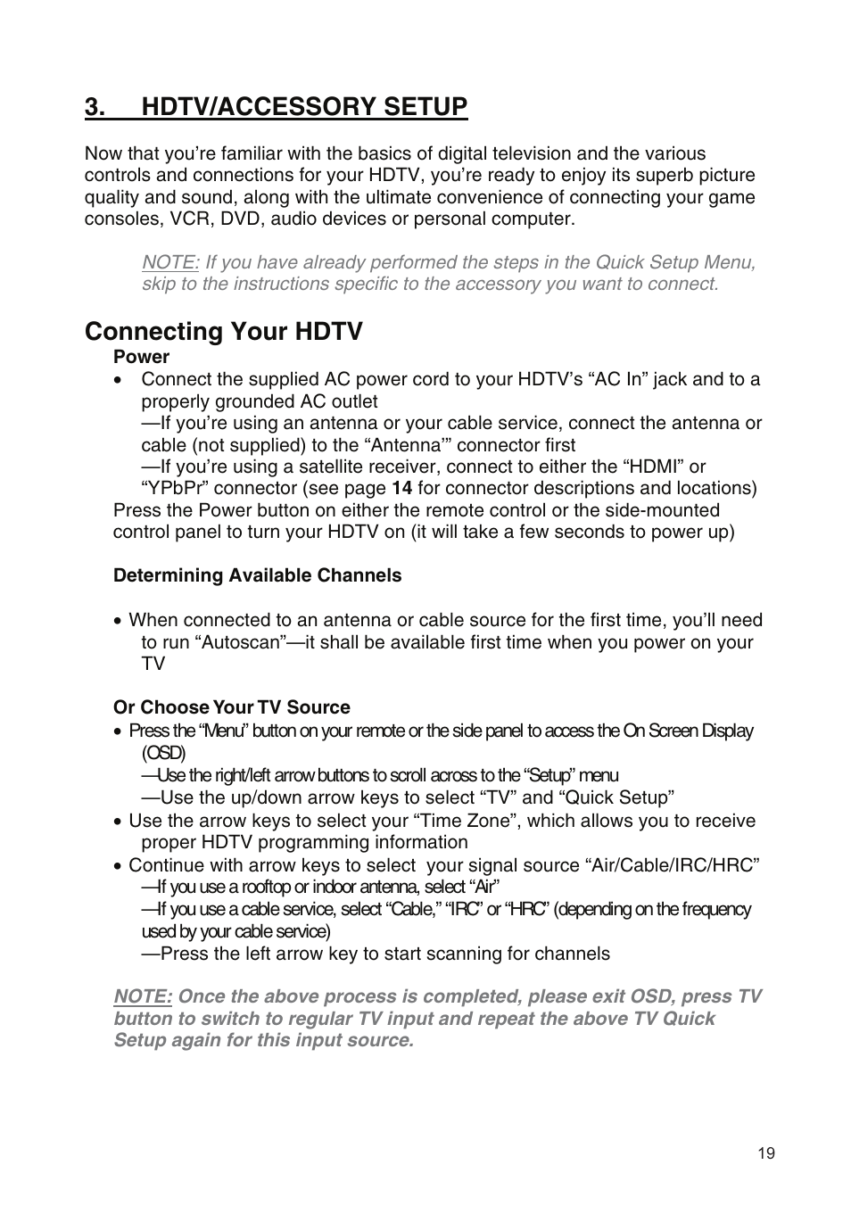 Hdtv/accessory setup, Connecting your hdtv | Westinghouse SK-19H210S User Manual | Page 21 / 44