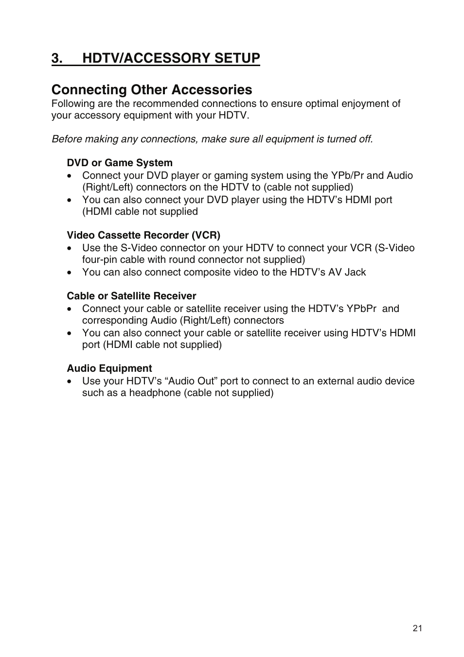 Hdtv/accessory setup connecting other accessories | Westinghouse SK-19H210S User Manual | Page 23 / 44