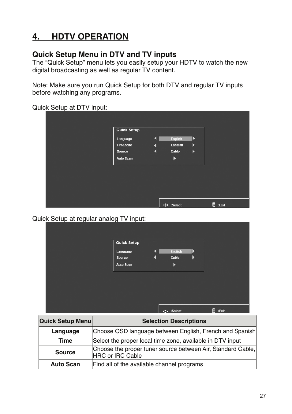 Hdtv operation, Quick setup menu in dtv and tv inputs | Westinghouse SK-19H210S User Manual | Page 29 / 44