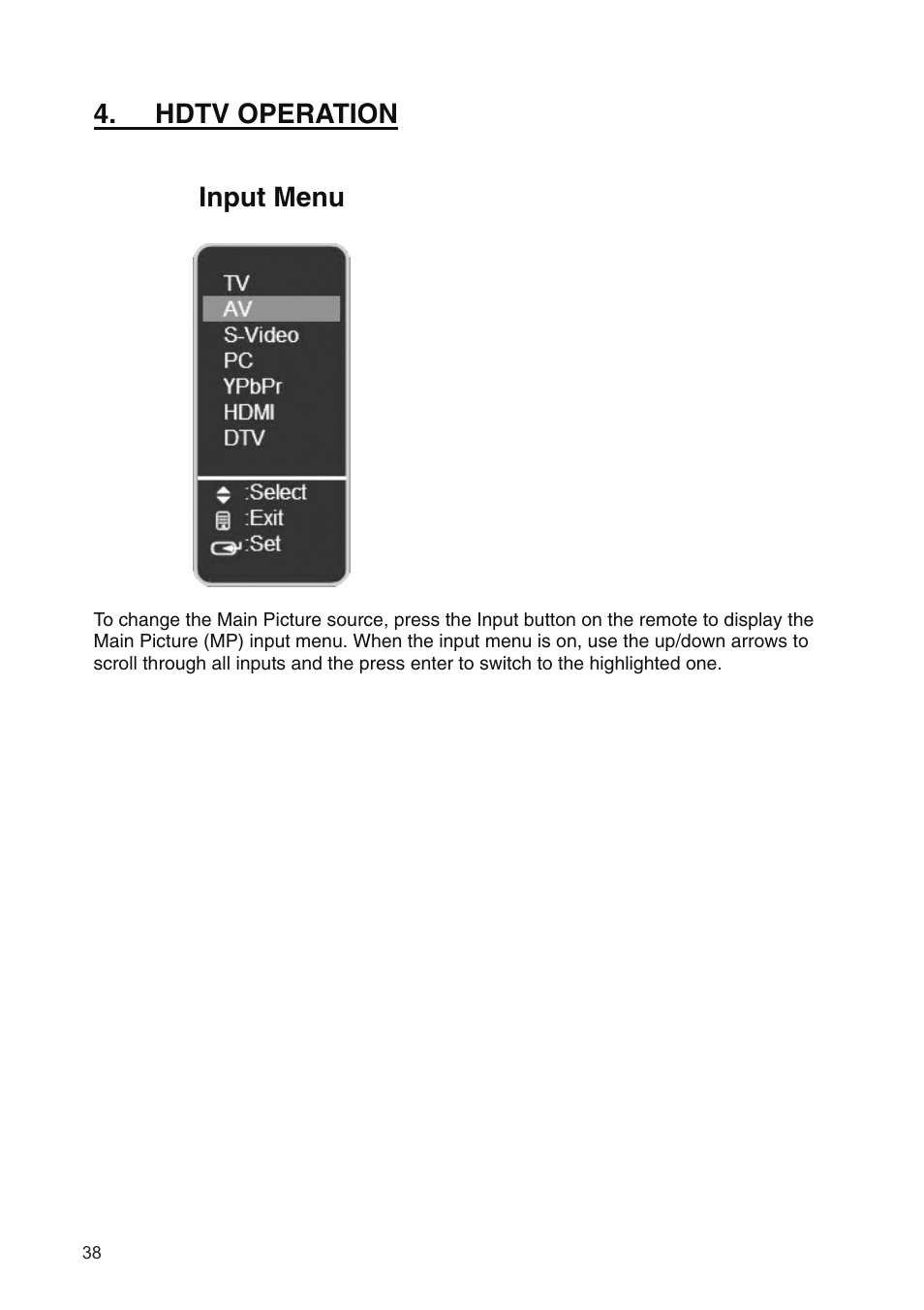 Hdtv operation input menu | Westinghouse SK-19H210S User Manual | Page 38 / 44