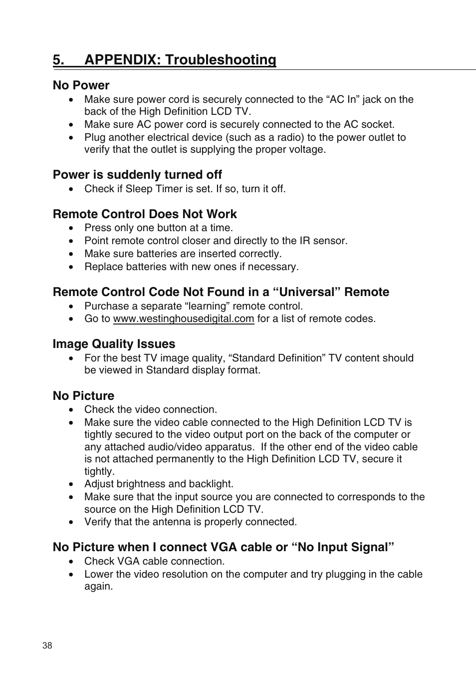 Appendix: troubleshooting | Westinghouse SK-19H210S User Manual | Page 40 / 44