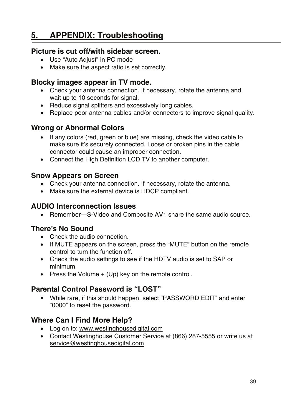 Appendix: troubleshooting | Westinghouse SK-19H210S User Manual | Page 41 / 44
