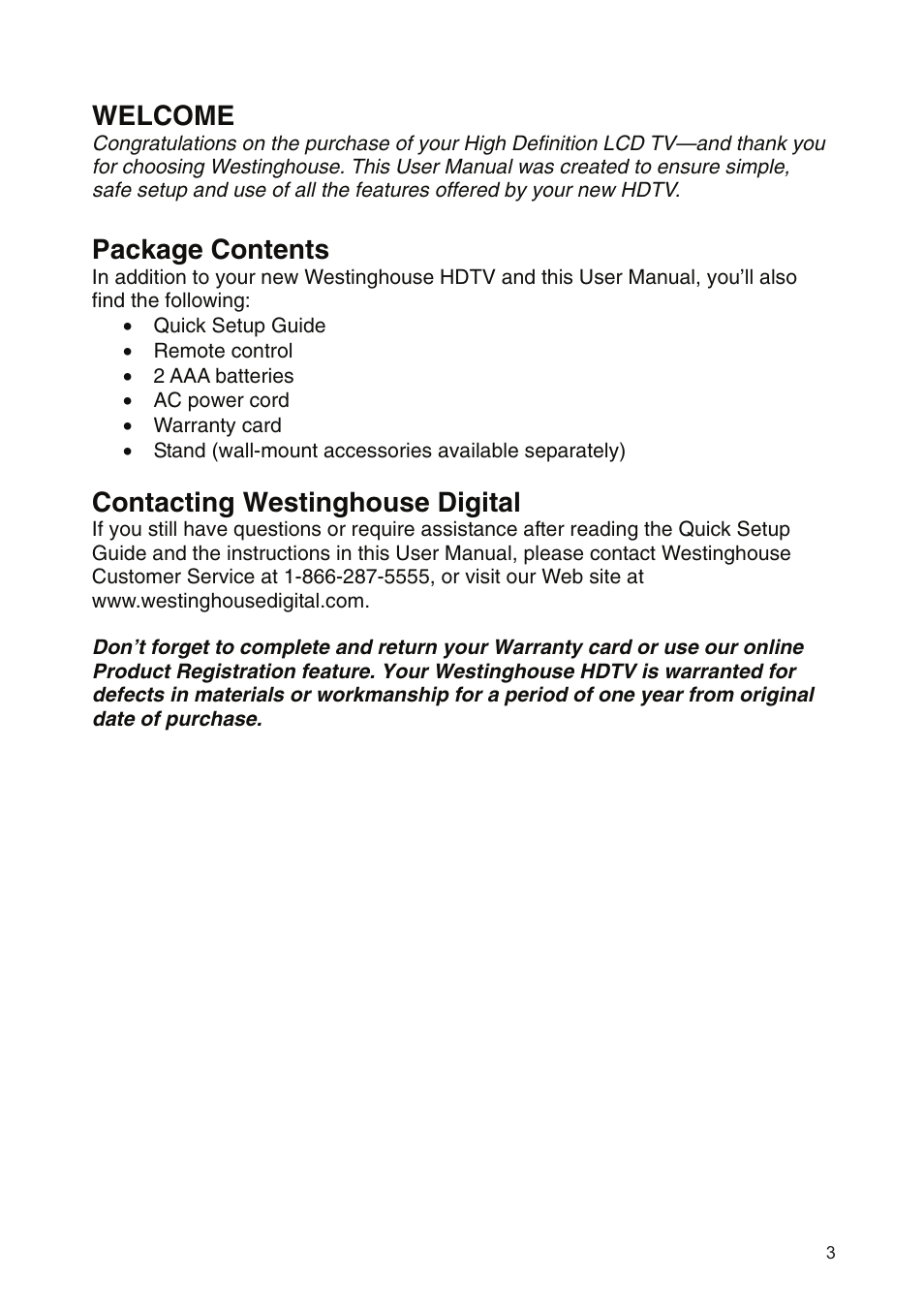 Welcome, Package contents, Contacting westinghouse digital | Westinghouse SK-19H210S User Manual | Page 5 / 44