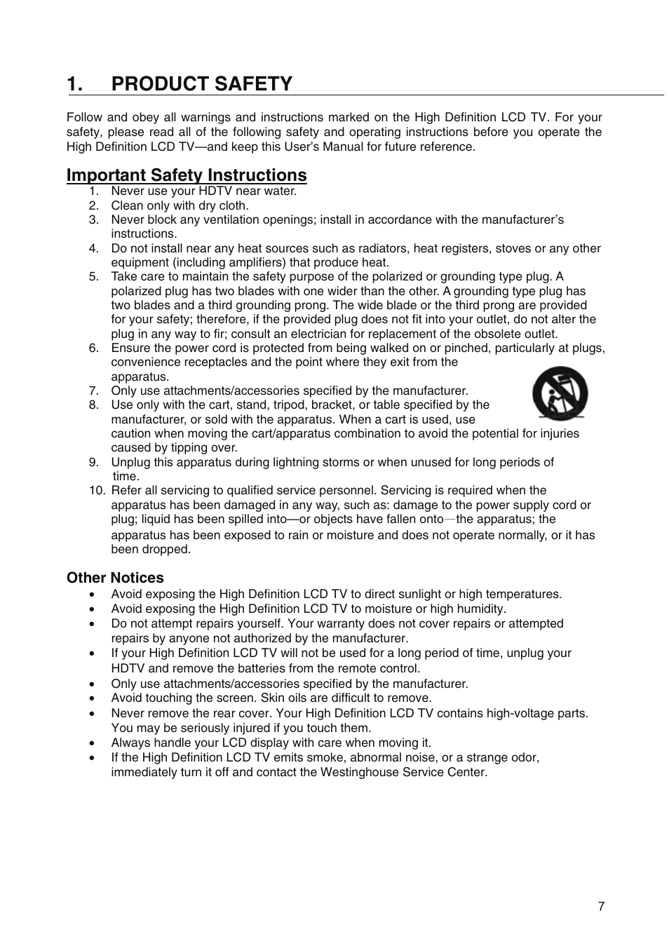 Product safety, Important safety instructions | Westinghouse SK-19H210S User Manual | Page 9 / 44