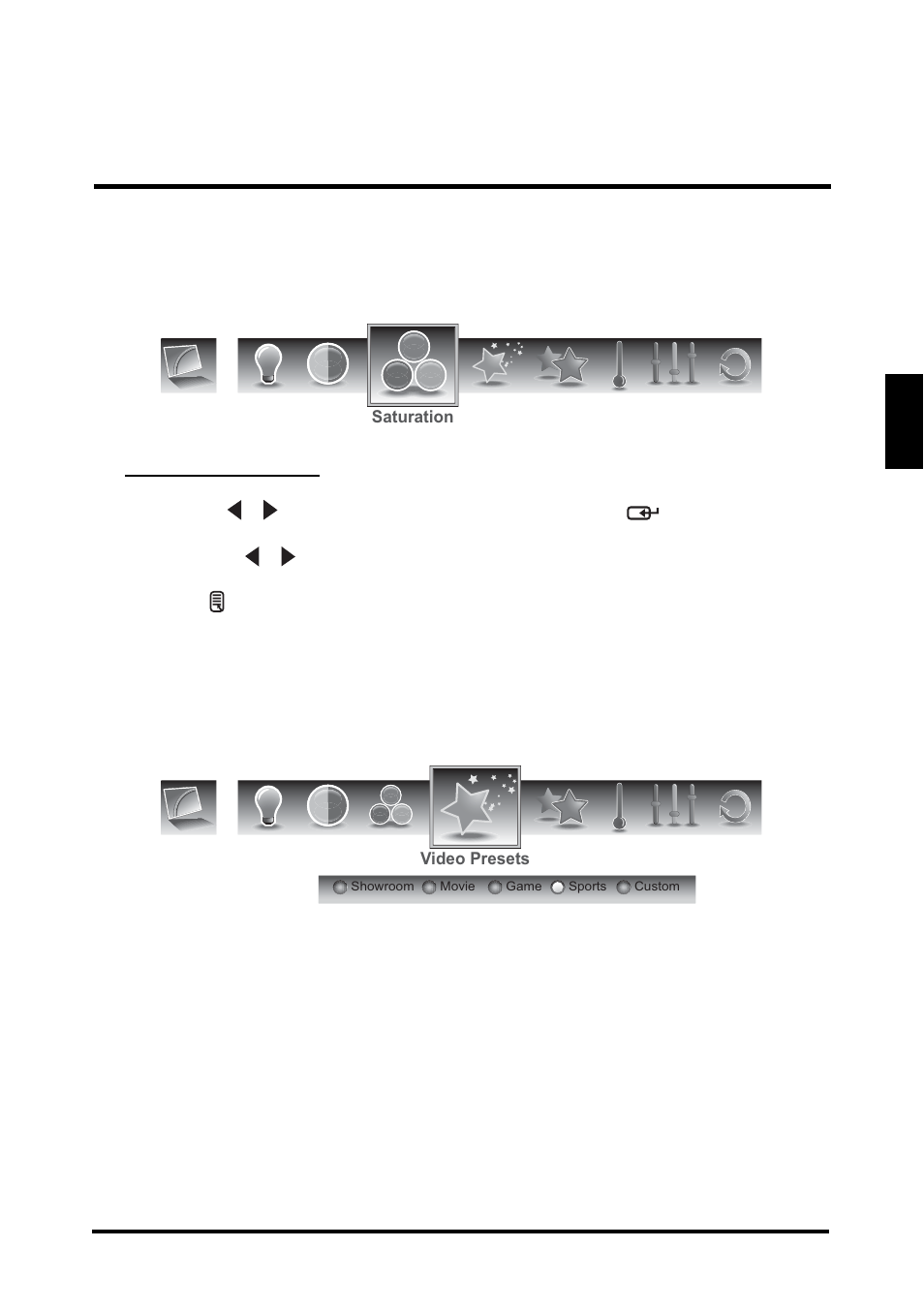 English, Saturation, Video presets | Westinghouse SK-32H640G User Manual | Page 31 / 61