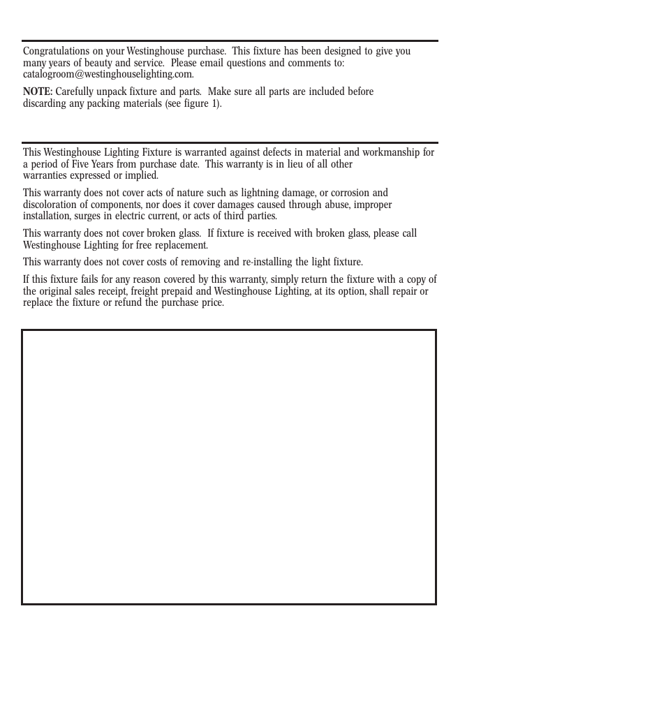 Assembly instructions for indoor light fixture, Warranty information | Westinghouse W-128 User Manual | Page 2 / 12