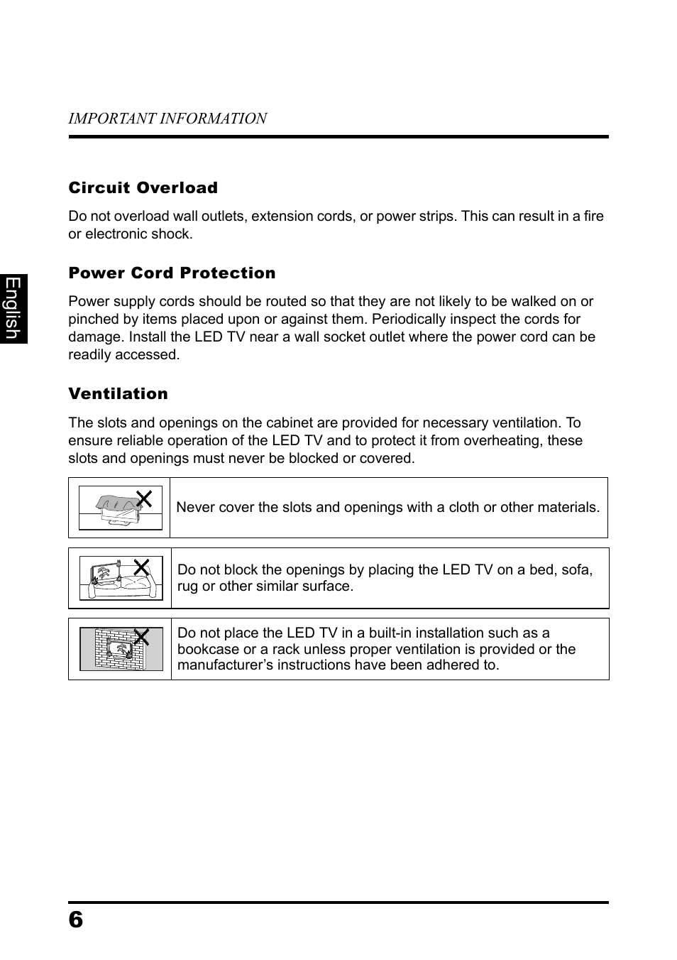 Circuit overload, Power cord protection, Ventilation | English | Westinghouse DIGITAL TELEVISION LD-3237 User Manual | Page 10 / 66