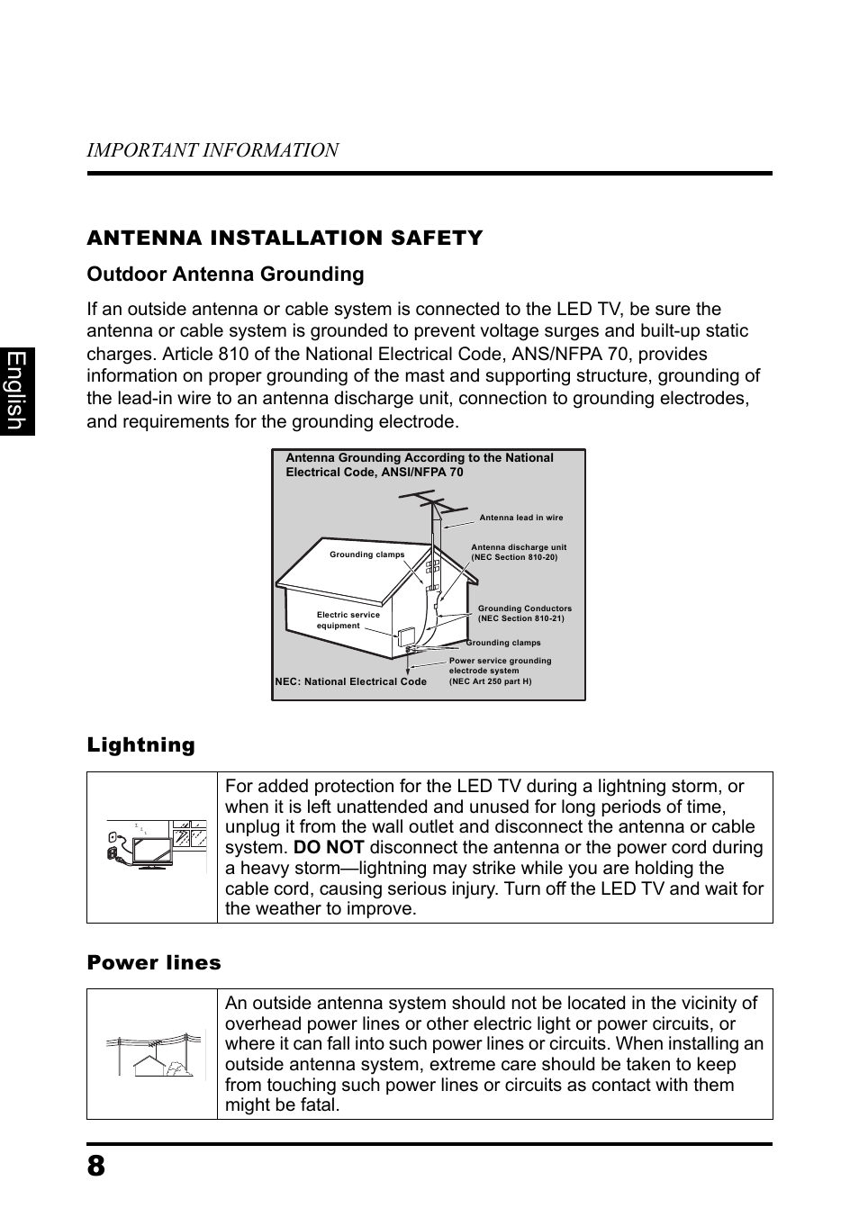 Antenna installation safety, Lightning, Power lines | English, Important information, Lightning power lines | Westinghouse DIGITAL TELEVISION LD-3237 User Manual | Page 12 / 66