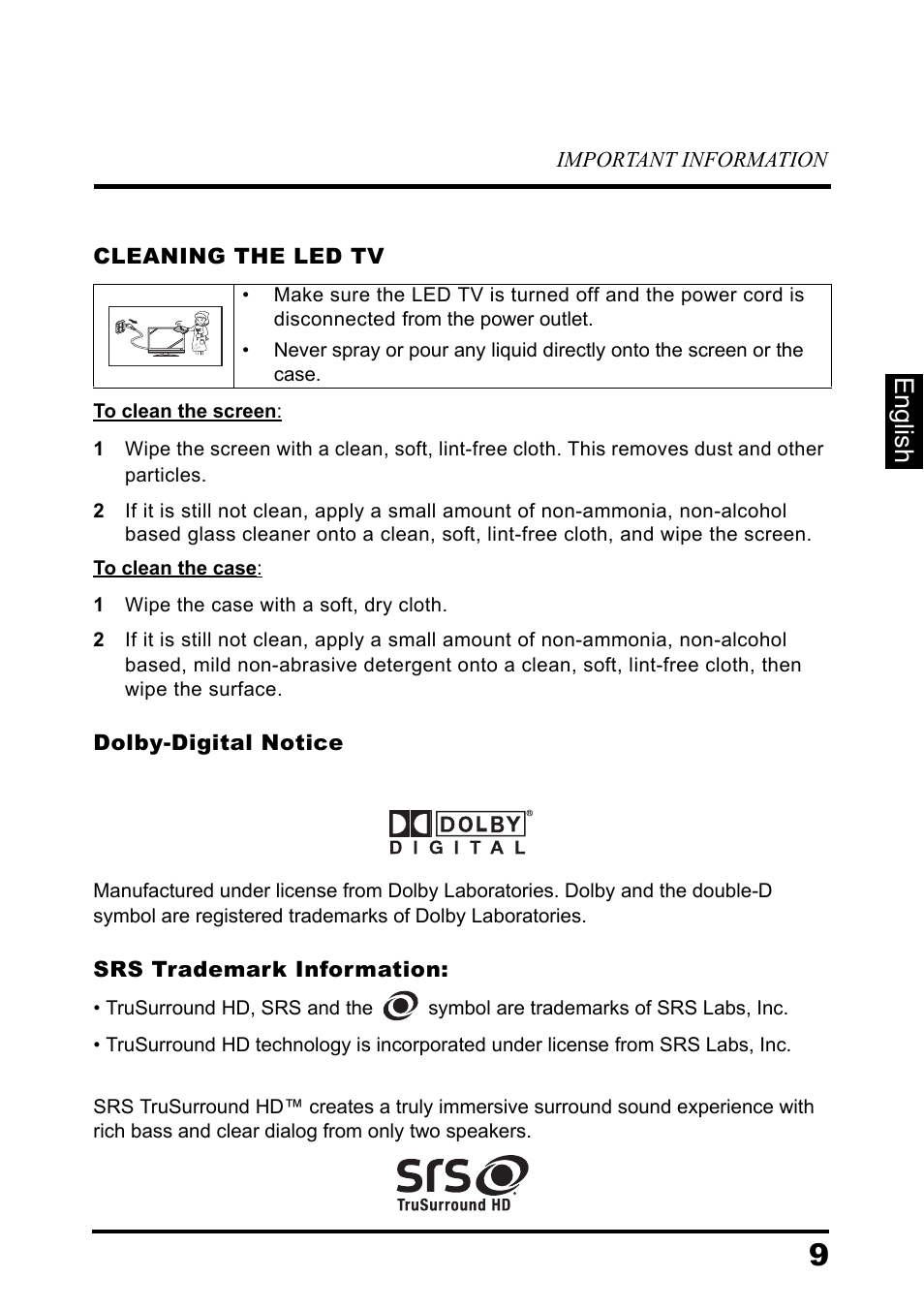 Cleaning the led tv, Dolby-digital notice, Srs trademark information | English | Westinghouse DIGITAL TELEVISION LD-3237 User Manual | Page 13 / 66