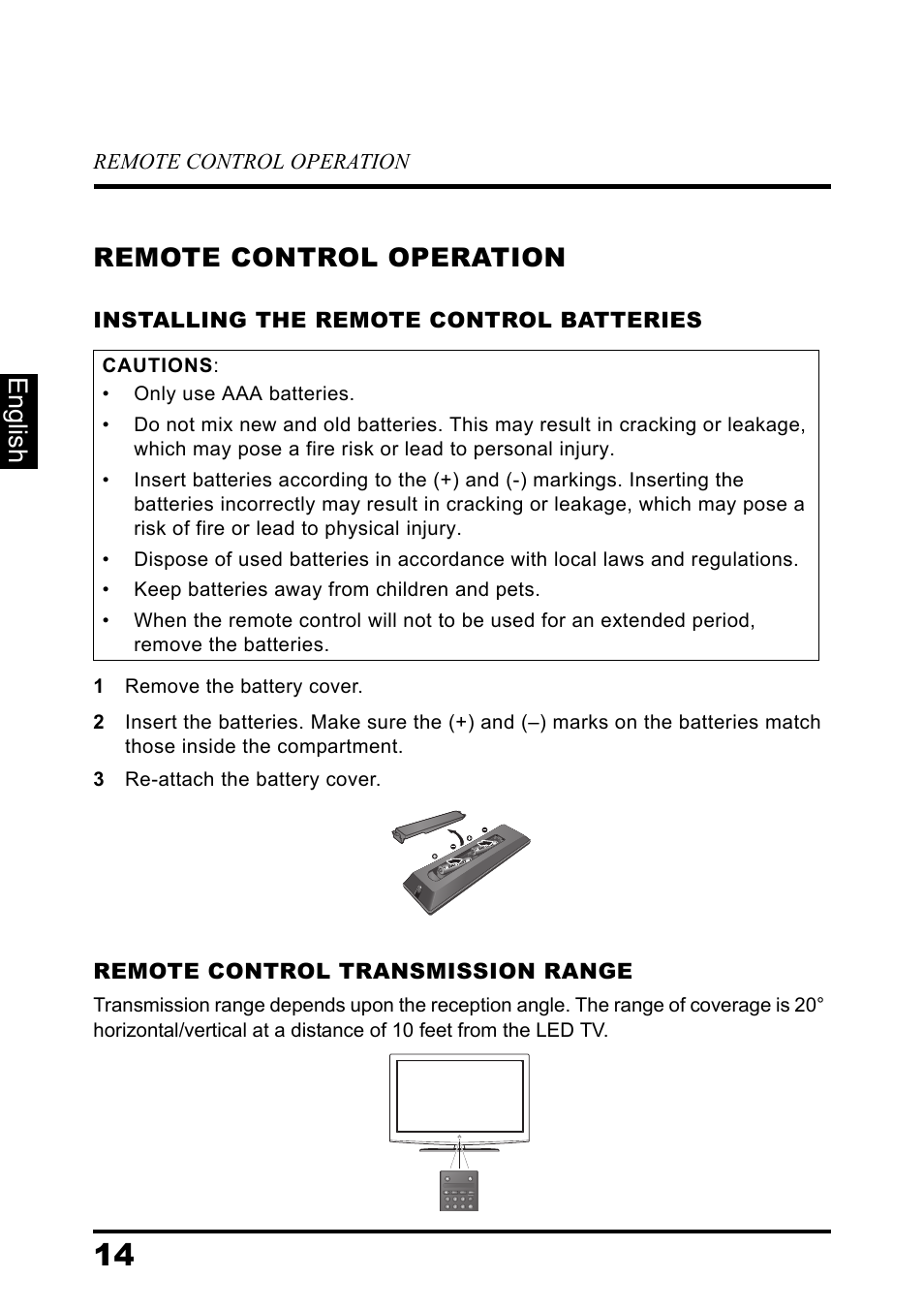 Remote control operation, Installing the remote control batteries, Remote control transmission range | English remote control operation | Westinghouse DIGITAL TELEVISION LD-3237 User Manual | Page 19 / 66