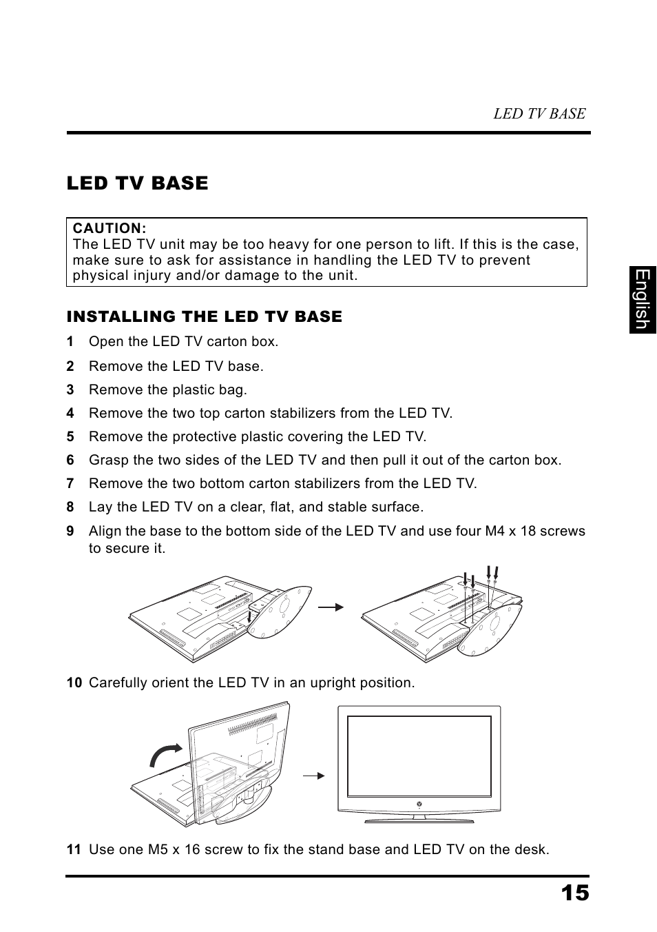 Led tv base, Installing the led tv base, English led tv base | Westinghouse DIGITAL TELEVISION LD-3237 User Manual | Page 20 / 66