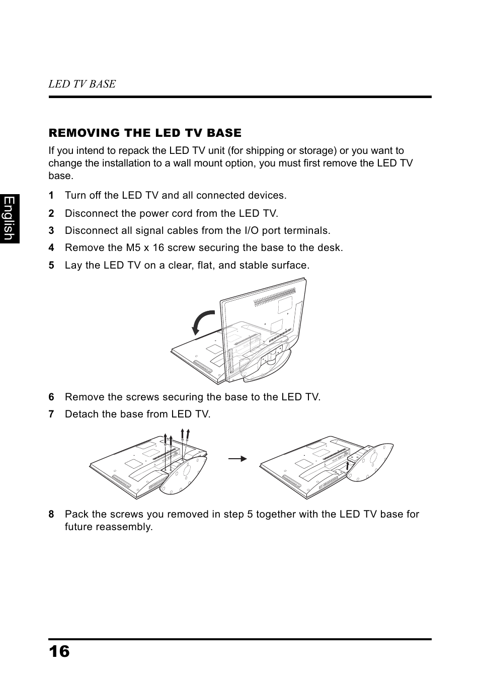 Removing the led tv base, English | Westinghouse DIGITAL TELEVISION LD-3237 User Manual | Page 21 / 66