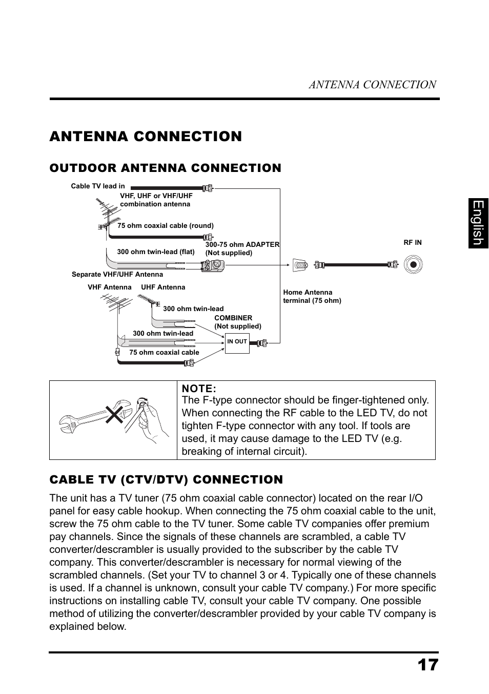 Antenna connection, Outdoor antenna connection, Cable tv (ctv/dtv) connection | English antenna connection | Westinghouse DIGITAL TELEVISION LD-3237 User Manual | Page 22 / 66