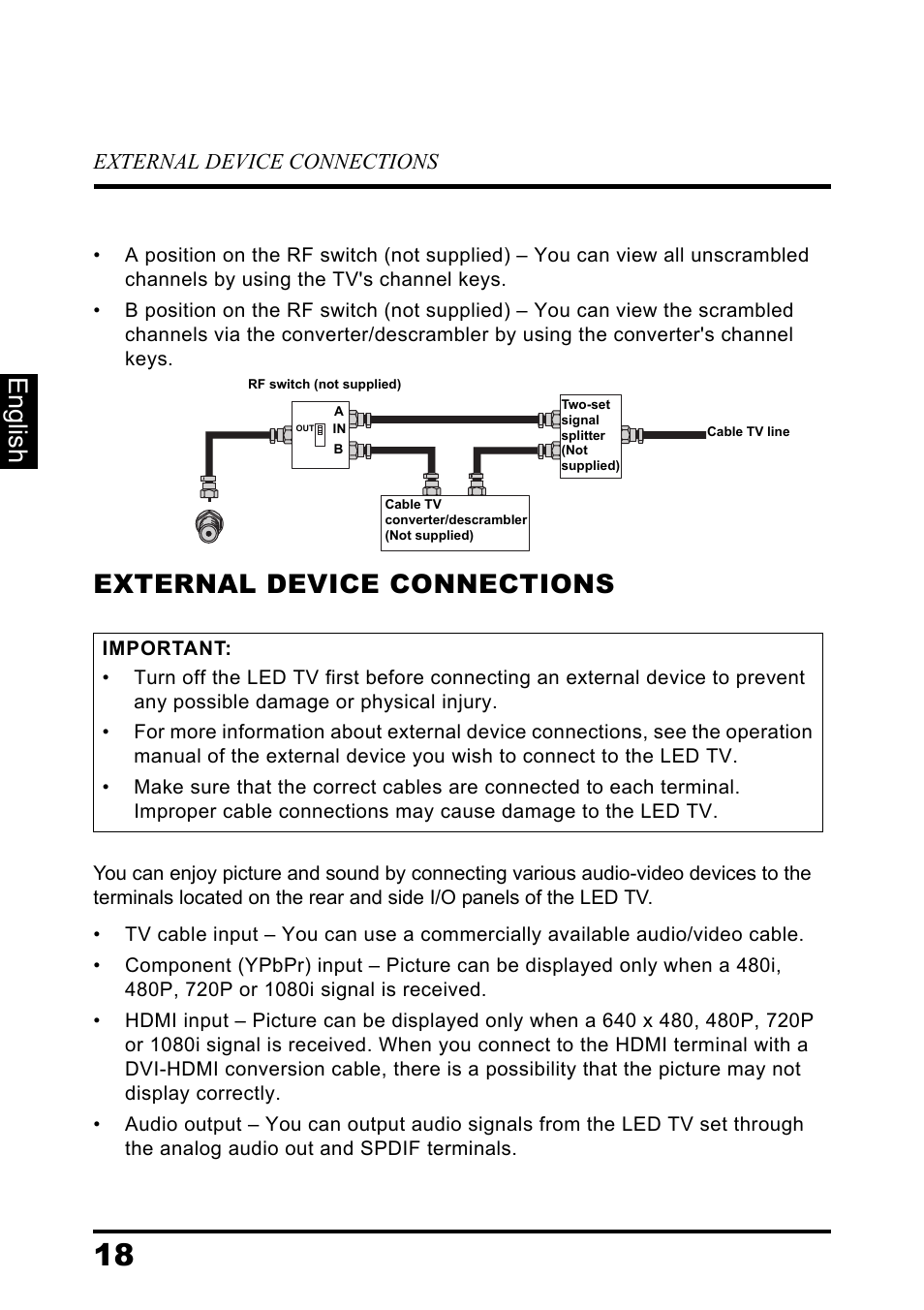 External device connections, English | Westinghouse DIGITAL TELEVISION LD-3237 User Manual | Page 23 / 66